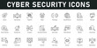 © Icon Zilla - Cyber Security Icons vector illustration with thin line editable stroke containing fingerprint, hacker, technology, secured network, data security, cloud security, encryption, scan, password, firewall