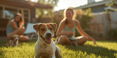 A cute dog facing the camera with blurred people sitting in a backyard setting, implying companionship