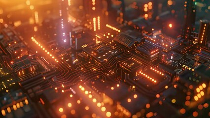 Poster - A close-up view of a circuit board with glowing lights in a high-tech city environment during nighttime, showcasing a futuristic aesthetics and advanced technology.