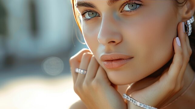 Beautiful young woman wearing bracelet diamond jewelry as accessory. Generated AI image