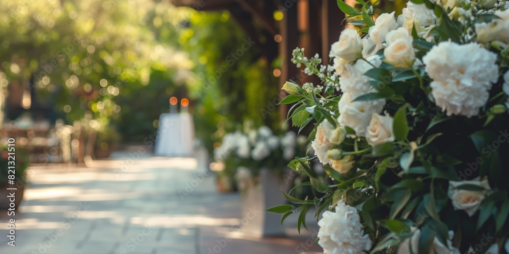 An elegant outdoor wedding setup with white roses and greenery ...