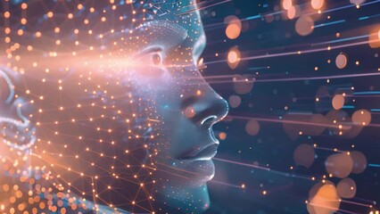 Poster - A futuristic depiction of a womans face adorned with intricate dots, showcasing a blend of technology and artistry.