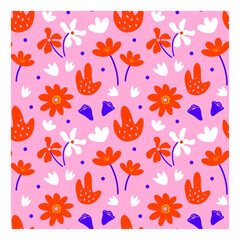Wall Mural - abstract pink floral seamless vector pattern with red summer flowers, white plants, blue purple wild
