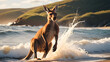 © sarahsophie - The kangaroo is playing in the beach. This iconic Australian animal, is a marsupial that roams the vast outback of Australia. This fascinating mammal is a symbol of the country's rich wildlife.