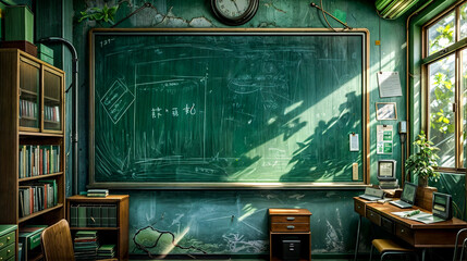 A classroom with a green chalkboard and a clock on the wall