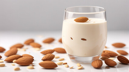 A glass of almond milk being poured with almonds scattered on the table.

A glass of almond milk being poured with almonds scattered on the table.

