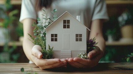 A woman holds in her hands the house model made of white paper, surrounded by green plants and flowers, real estate concept, home decor, building construction