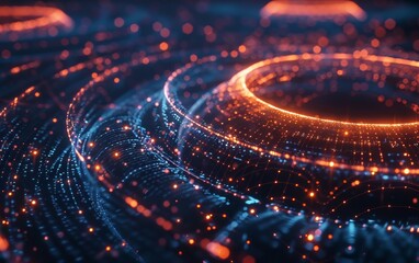 Leinwandbilder - Abstract futuristic glowing neon light rings and particles in a dark space. Cyber space background with vibrant colors and dynamic movement.