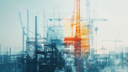Abstract image of industrial construction site with cranes, beams, and structures against a light background, representing progress and development.