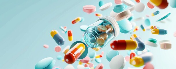 various pills and capsules are seen floating in the air against a light blue background. A transparent pill bottle, partially filled with tablets, is tipped over, releasing its contents. The medicatio