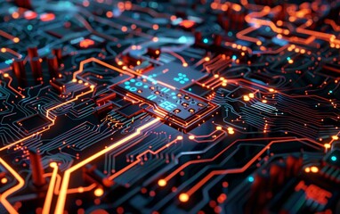 Poster - Close-up of a complex and futuristic computer motherboard with glowing circuits and intricate details, showcasing advanced technology.