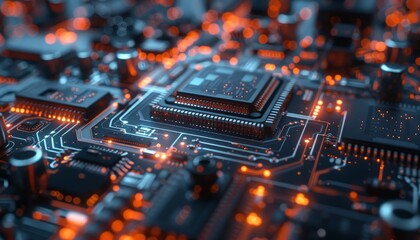 Aufkleber - Close-up of a computer motherboard with glowing circuits and components, showcasing high-tech electronics and advanced technology.