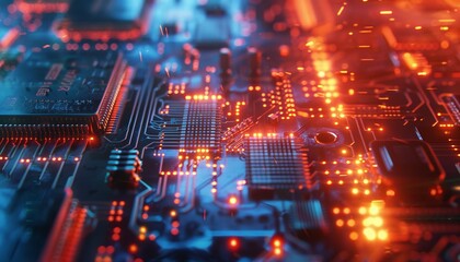 Aufkleber - Close-up of a glowing electronic circuit board with intricate circuitry, showcasing modern technology and hardware components.