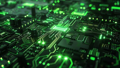 Aufkleber - Close-up view of a green illuminated circuit board depicting modern technology, electronics, and digital connections.