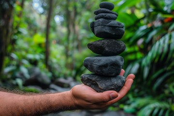 Wall Mural - Hand balancing a stack of dark stones in a lush green forest setting with blurred background