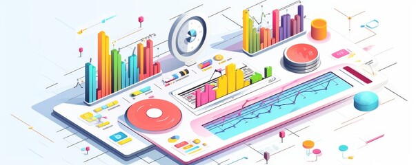 Fototapete - Colorful data analytics dashboard with charts and graphs showcasing business statistics on modern digital interface.
