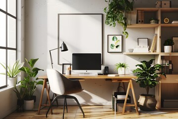 Modern Home Office room Interior design for workspace with blank poster mockup background
