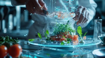 Closeup of a chef preparing a molecular gastronomy dish that levitates above the plate