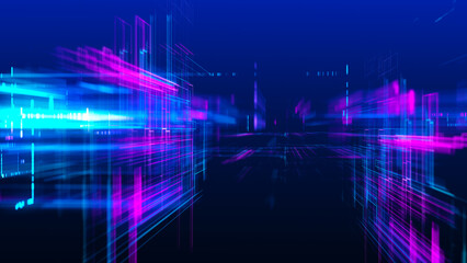 Poster - Abstract techno background. Three-dimensional composition of intersecting multi-colored grids. Information technology concept. Digital cyberspace with particles. 3d rendering.
