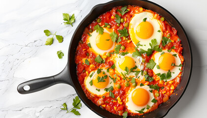 Wall Mural - Delicious shakshuka in frying pan isolated on white, top view