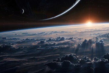 Wall Mural - A planet with a thin atmosphere, covered with clouds. The sky is dark, with a crescent moon and a bright star. The planet is in space, there is a black void around it.