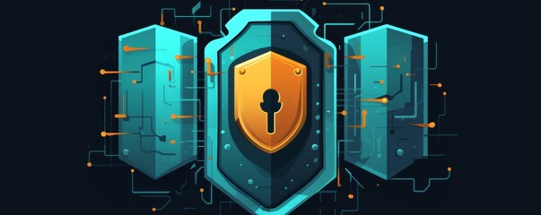 Poster - Digital security concept with a shield and key surrounded by technology elements. Represents protection, cybersecurity, and data safety.