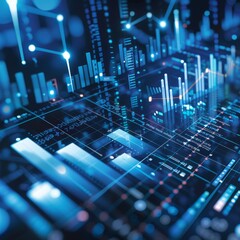 Fototapete - Futuristic data visualization with glowing graphs, charts, and digital interface, representing financial or technological analysis.
