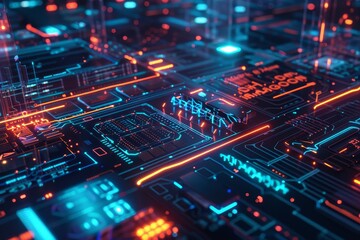 Aufkleber - Futuristic digital circuit board with glowing blue and orange lights, representing advanced technology and data processing.