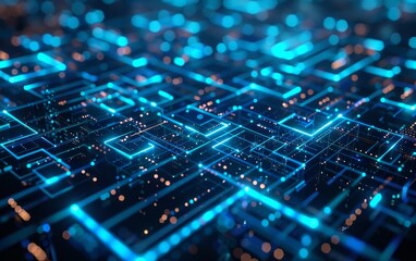 Aufkleber - Futuristic digital circuit board with glowing neon blue pathways and particles, representing modern technology and data networks.