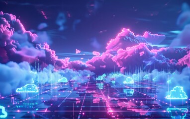Aufkleber - Futuristic digital cloud computing concept with neon clouds and data transmission. Abstract technology visualization with glowing pink and blue clouds.