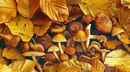 Wall Mural -   A cluster of fungi perched atop a mound of foliage-covered earth, adjacent to an array of vibrant orange and yellow leaves