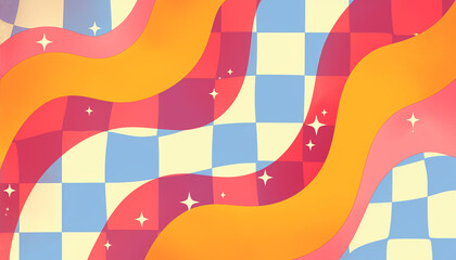 Poster - Colorful abstract wavy pattern with checkered background and sparkles vibrant graphic resource