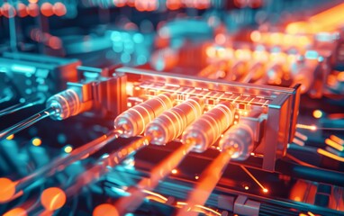 Poster - Futuristic fiber optic cables with glowing lights and data transfer modules in a server room, representing high-speed data transfer technology.
