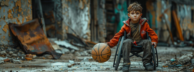 Young boy on wheelchair practicing basketball,generative ai