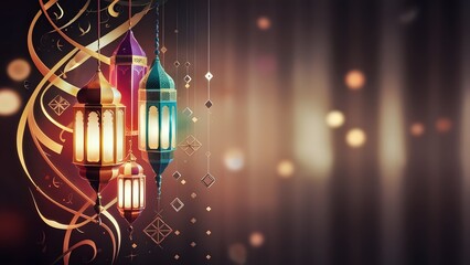 Celebration of islamic eid mubarak and eid al adha lantern in a light background.