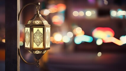 Celebration of islamic eid mubarak and eid al adha lantern in a light background.