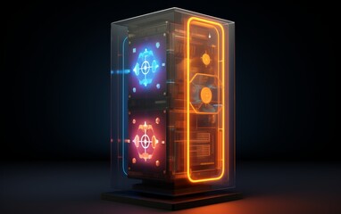 Poster - High-tech computer server illuminated with vibrant neon blue and orange lights in a futuristic, dark setting.