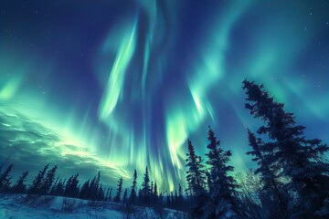 Sticker - Aurora Borealis Over Snowy Forest