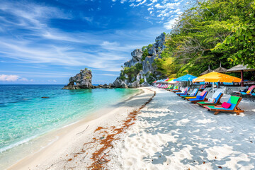 A serene tropical beach with fine white sand and clear blue waters, with colorful beach chairs and umbrellas, and a rocky outcrop in the background