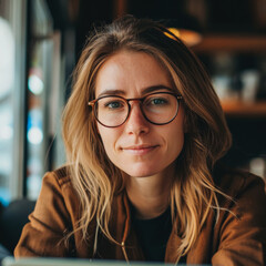 Wall Mural - A woman with brown hair and glasses is smiling at the camera