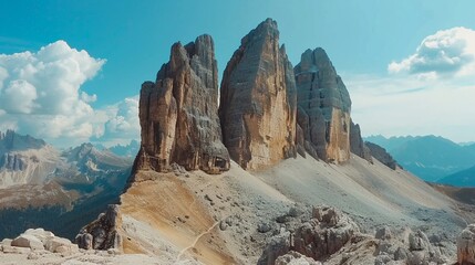 Wall Mural - Great rocky massif in the Italian Alps on a sunny day. National Park Tre Cime di Lavaredo, Dolomites, Italy, South Tyrol.
