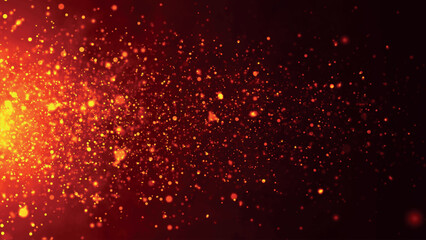 Poster - Dynamic wave of glowing fire particles flying horizontally. Sparkling bright particles fly in space. Flickering particles. 3D vector illustration