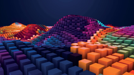 Fototapete - Abstract multicolored wave background made of square cylinders. Geometric pattern. Random cells. Futuristic abstraction. 3D vector.