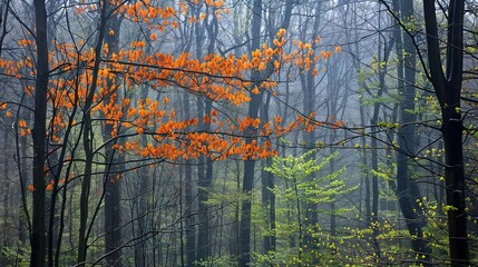 Poster -   A dense forest brimming with towering trees adorned in vibrant oranges and greens abuts another identical forest