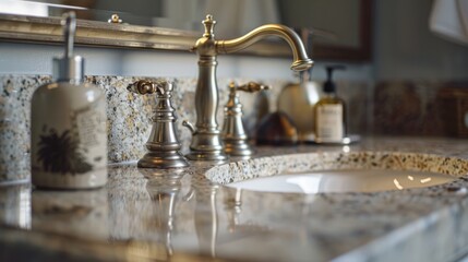 Wall Mural - side of the sink, showing the arrangement of the elements on the granite countertop. generative ai