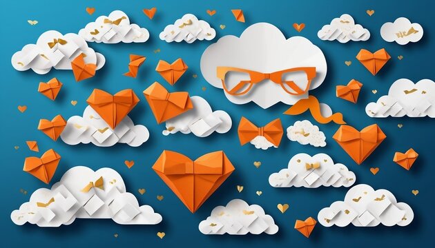 Happy Father's Day greeting card, banner, poster,flyer design with flying origami hearts over clouds with air balloons, paper mustache, glasses, digital craft style created with generative ai.