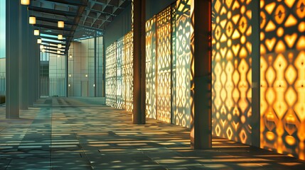 Poster - Artistic impressions show streetlights casting geometric patterns on urban plaza walls, merging light and architecture.