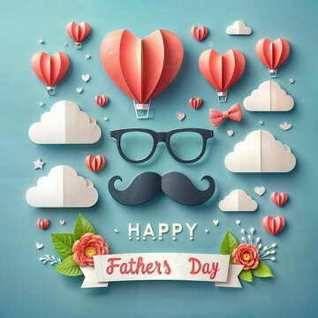 Happy Father's Day greeting card, banner, poster,flyer design with flying origami hearts over clouds with air balloons, paper mustache, glasses, digital craft style created with generative ai.