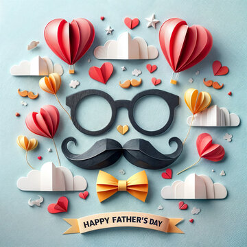 Happy Father's Day greeting card, banner, poster,flyer design with flying origami hearts over clouds with air balloons, paper mustache, glasses, digital craft style created with generative ai.