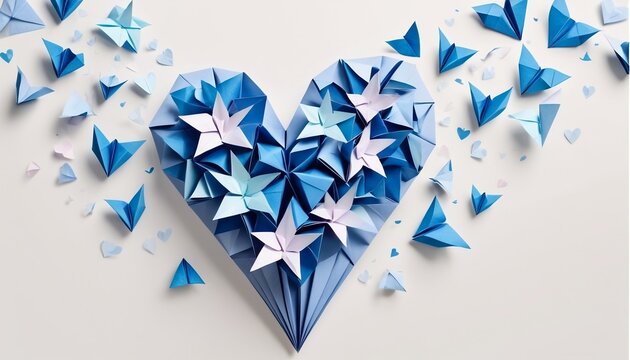 Happy Fathers Day greeting banner with big heart made of blue Origami Hearts isolated on transparent background. Father's Day Design template for card, sticker, poster, tag,created with generative ai.